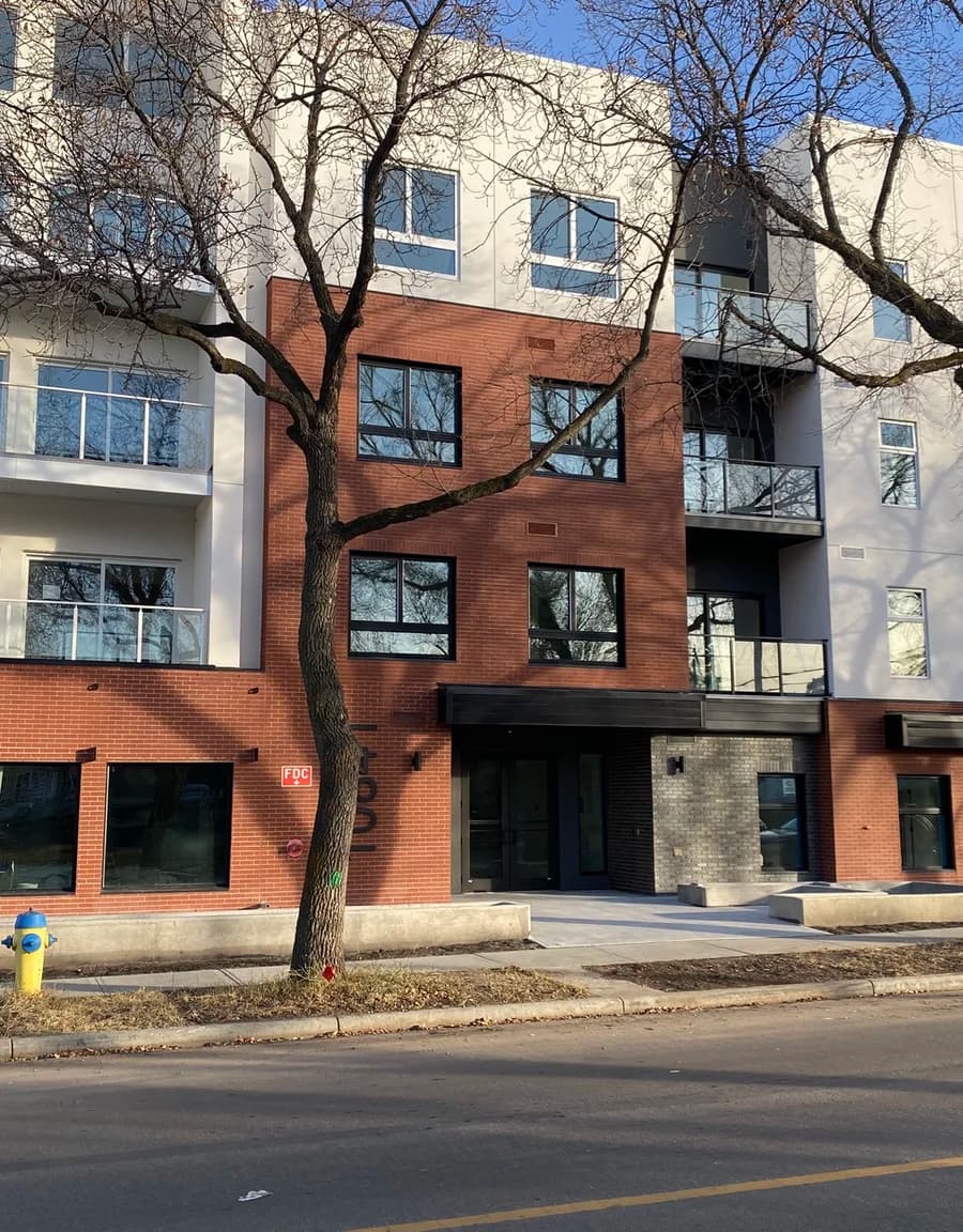 Modern commercial building with red brick